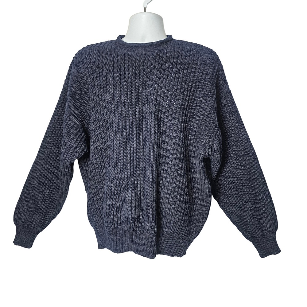 Structure Mens Vintage Ribbed Ramie Cotton Rolled Crewneck Sweater XL Navy 90s
